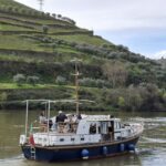 A peaceful boat ride on a river surrounded by lush vineyard terraces and vibrant greenery.