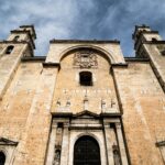 Low angle view of the historic cathedral in Mérida, showcasing its stunning architecture.