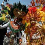 Colorful costumes at Barranquilla Carnival, a lively cultural festivity in Colombia.