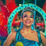 Colorful carnival dancer smiling during a festival in Santa Cruz, Bolivia.