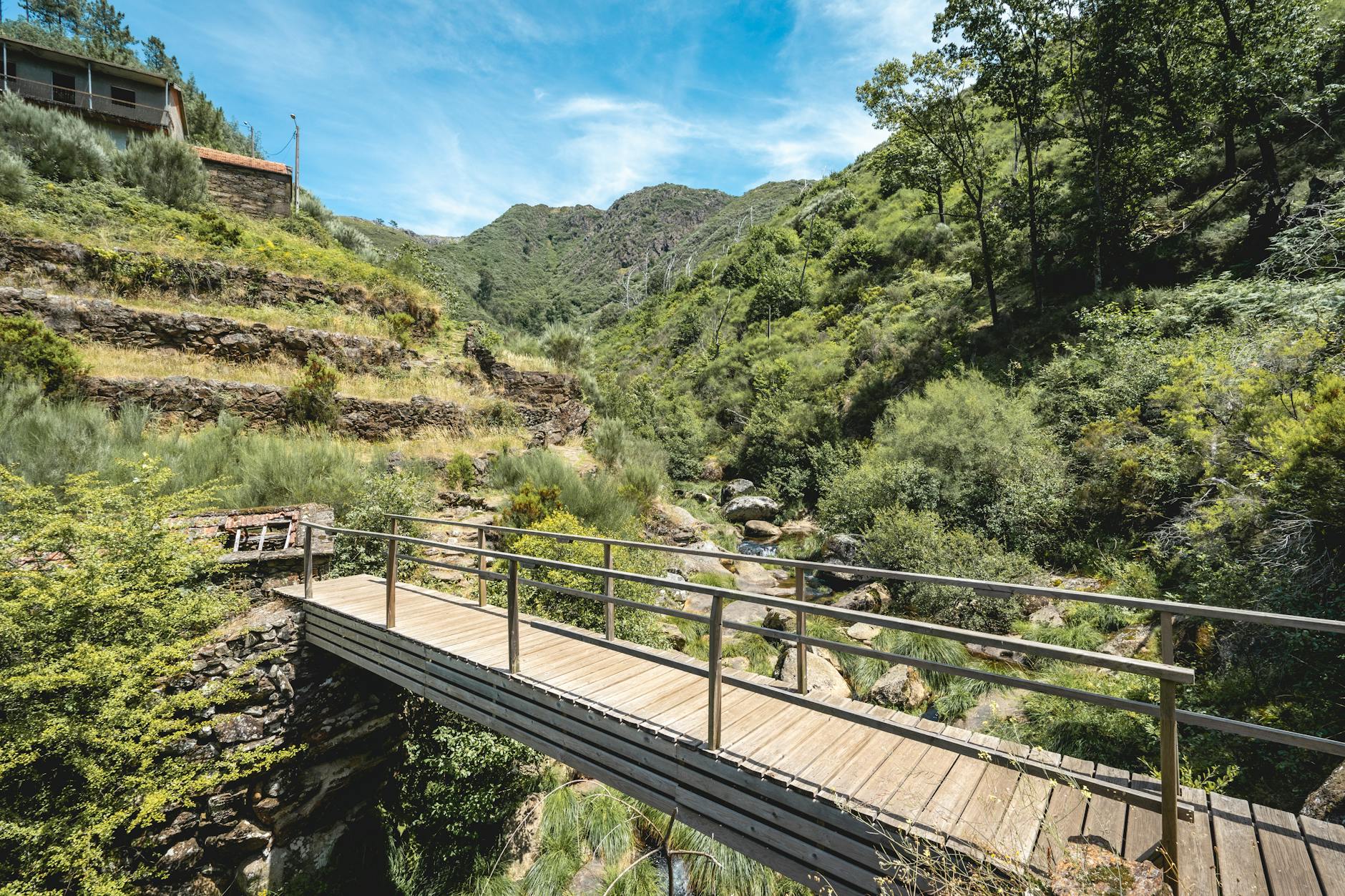 A picturesque wooden bridge spans a lush green valley in Albergaria da Serra, Portugal.