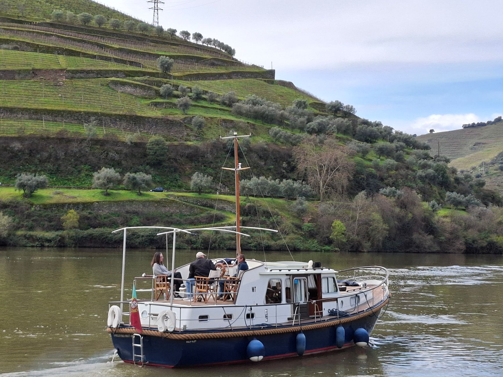 A peaceful boat ride on a river surrounded by lush vineyard terraces and vibrant greenery.