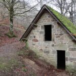 A moss-covered stone cottage in a quiet, autumn forest setting.