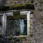 Close-up of a historical castle window in Ireland showcasing detailed stonework and moss growth.