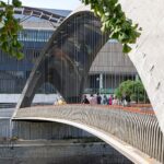 People walking across a modern pedestrian bridge reflecting contemporary architecture in Madrid, Spain.