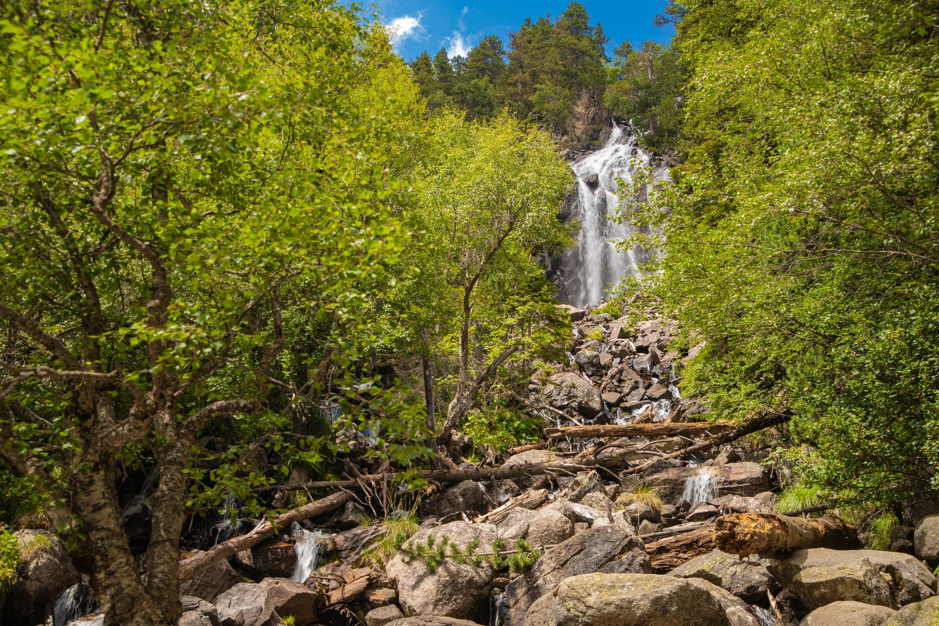 Breathtaking view of Cascada de Ratera waterfall amid lush greenery in Espot, Catalonia during summer.