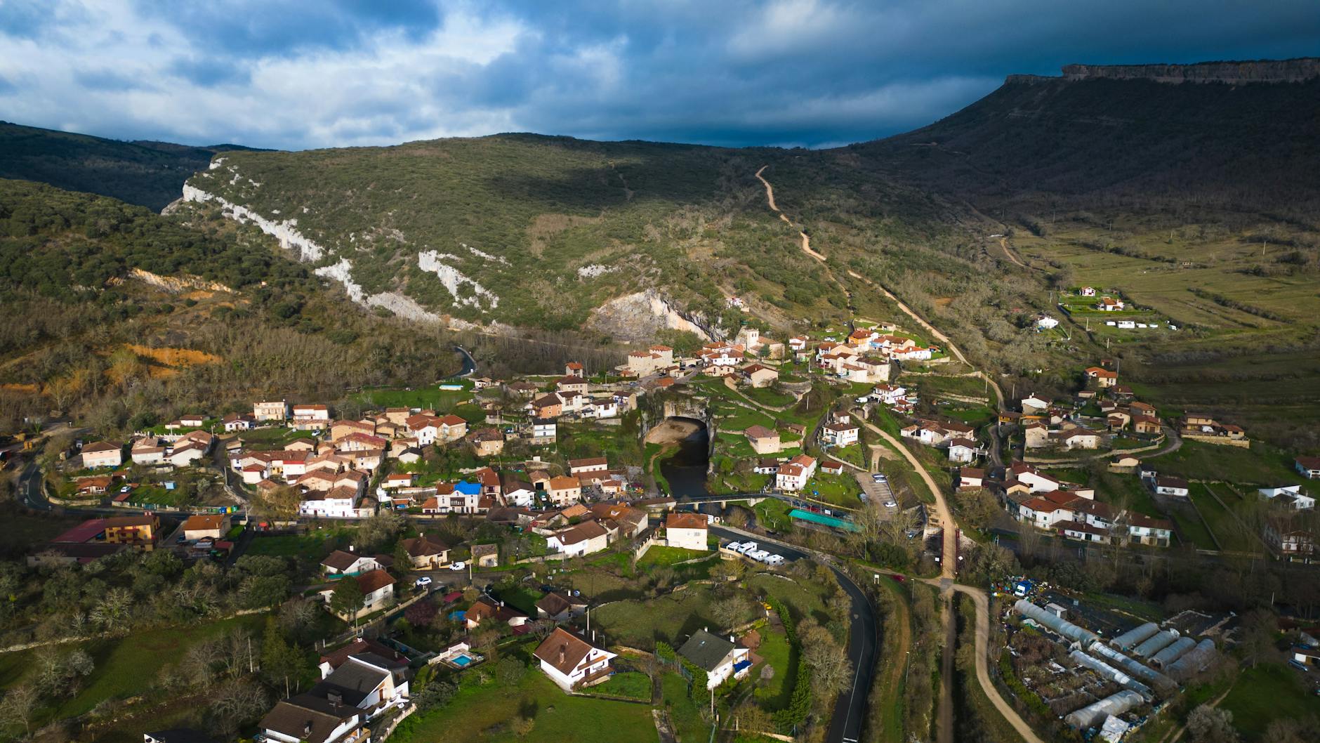 Aerial view of Puentedey, a charming village in Castilla y León, Spain.