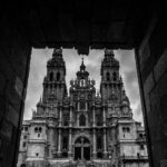 Monochrome view of the iconic Santiago de Compostela Cathedral, an architectural wonder.