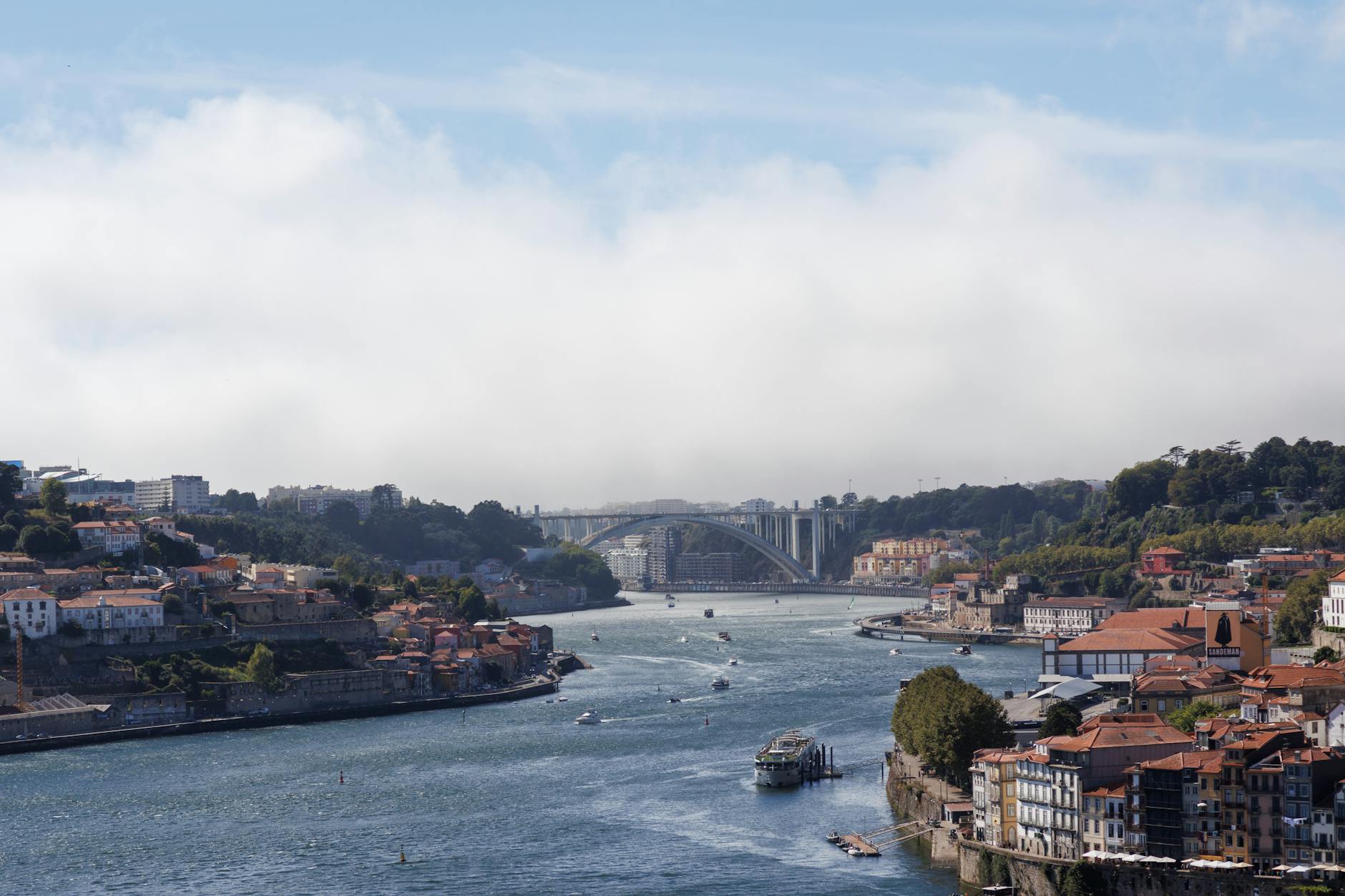 Picturesque aerial view of Douro River and Porto skyline in Vila Nova de Gaia, Portugal.