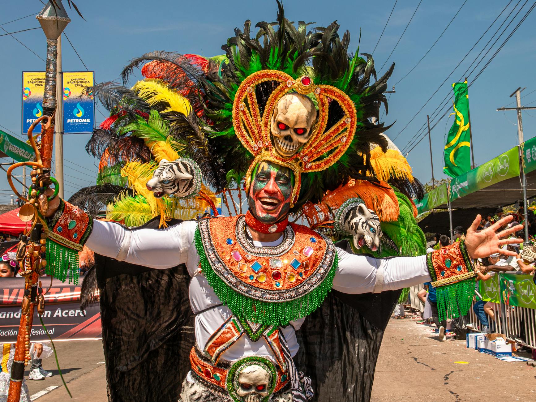 Colorful and ornate costume performer at Barranquilla Carnival, showcasing Colombian culture.