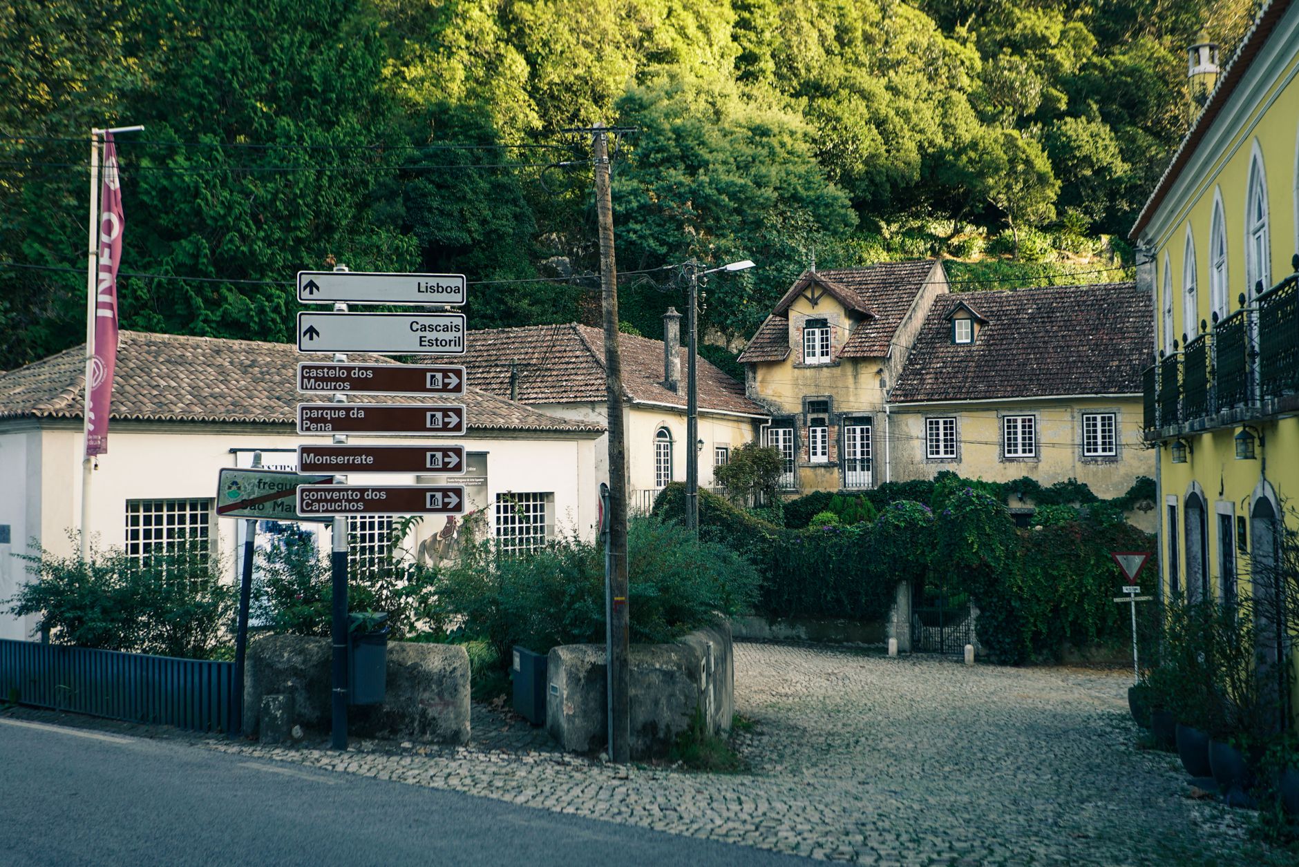 Picturesque street in Sintra with historical architecture and lush greenery.