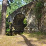 Scenic stone arch bridge in a lush forest setting, showcasing historical architecture.