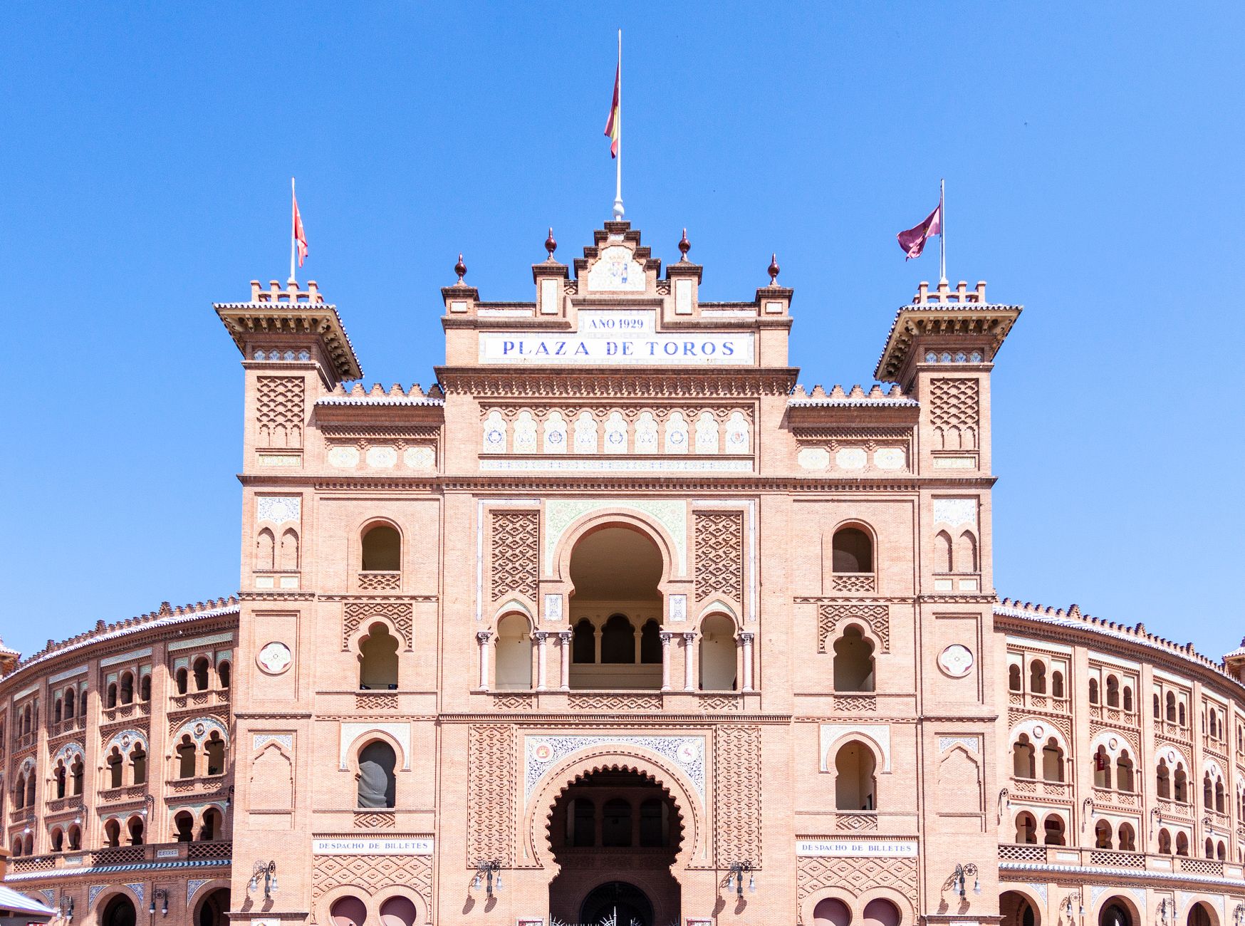 Front view of the iconic Plaza de Toros de Las Ventas, a landmark in Madrid, Spain.